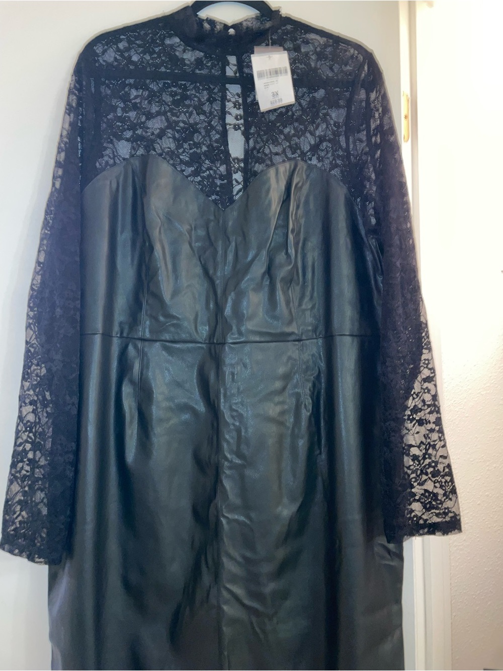 Show Me Your MuMu Black Lace-Sleeve Faux Leather Long-Sleeve Dress